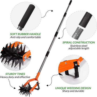 Rotary Cultivator Tool, Adjustable Garden Hand Tiller with Stainless Steel Pole, 2-in-1 Garden Weeder and Crumbler Soil Cultivator Tool with Weeding Knife for Soil Mixing or Reseeding Grass