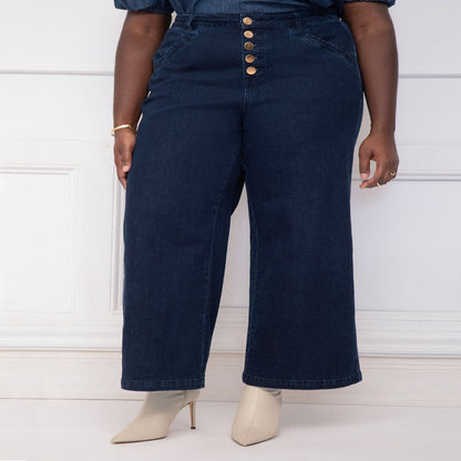 Women'S plus High-Rise Button Fly Wide Leg Trouser Jeans