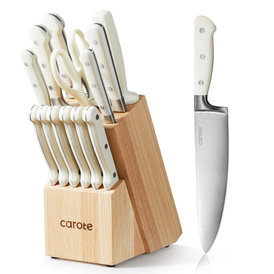 CAROTE 14 Pieces Knife Set with Wooden Block Stainless Steel Knives Dishwasher Safe with Sharp Blade Ergonomic Handle Forged Triple Rivet-Pearl White