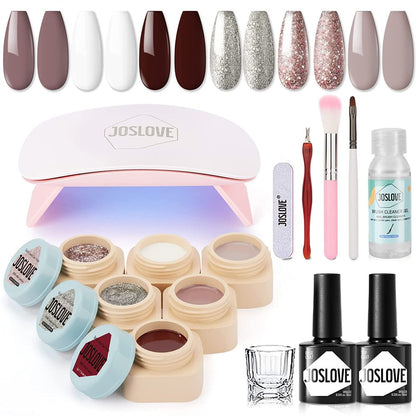 6 Colors Solid Gel Nail Polish Kit with U V Light and Base Top Coat, Nude Collection Cream Pudding Gel Nail Polish Set DIY Home Manicure