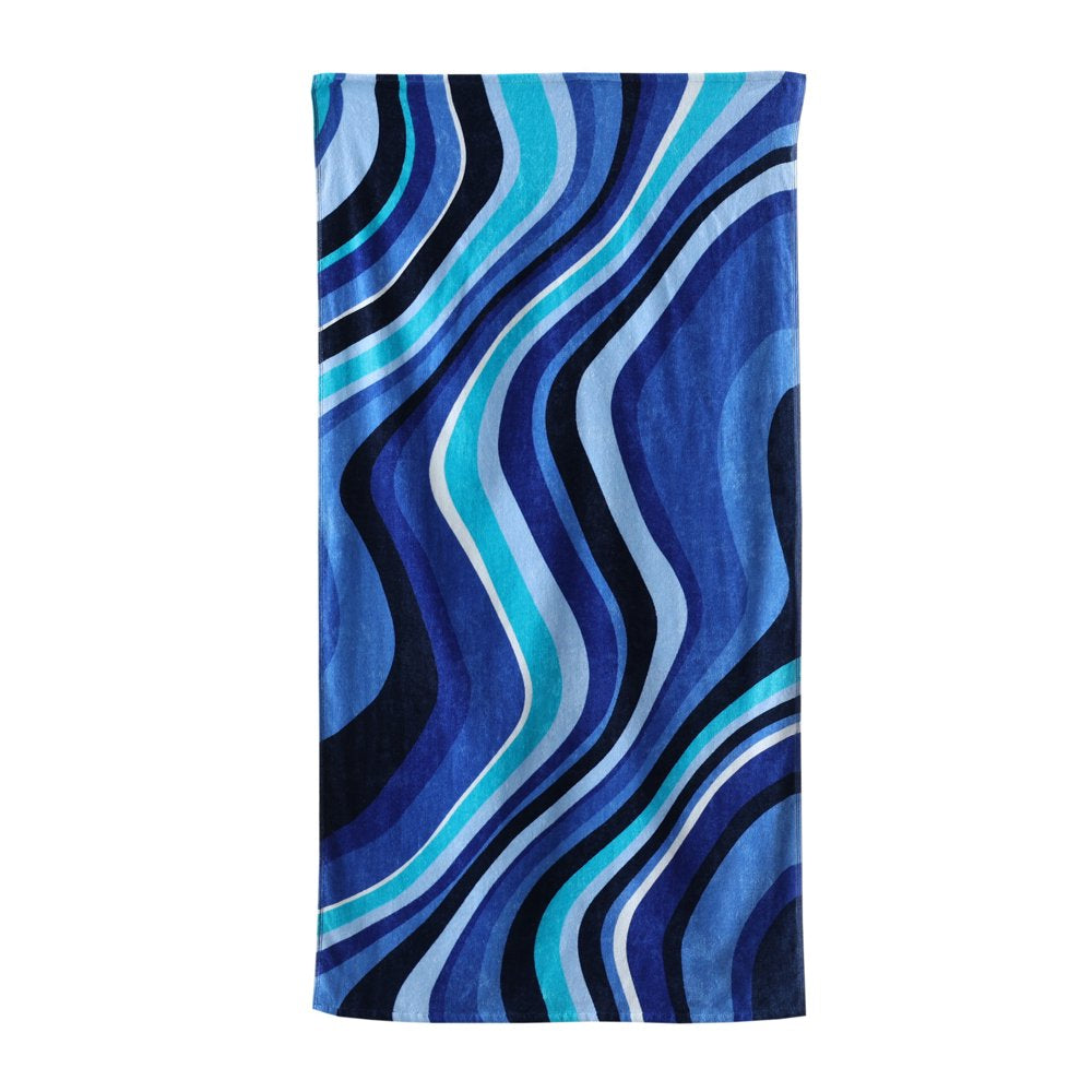 Mainstays Velour Beach Towel, Blue Wavy, Multi-Color , 28X60