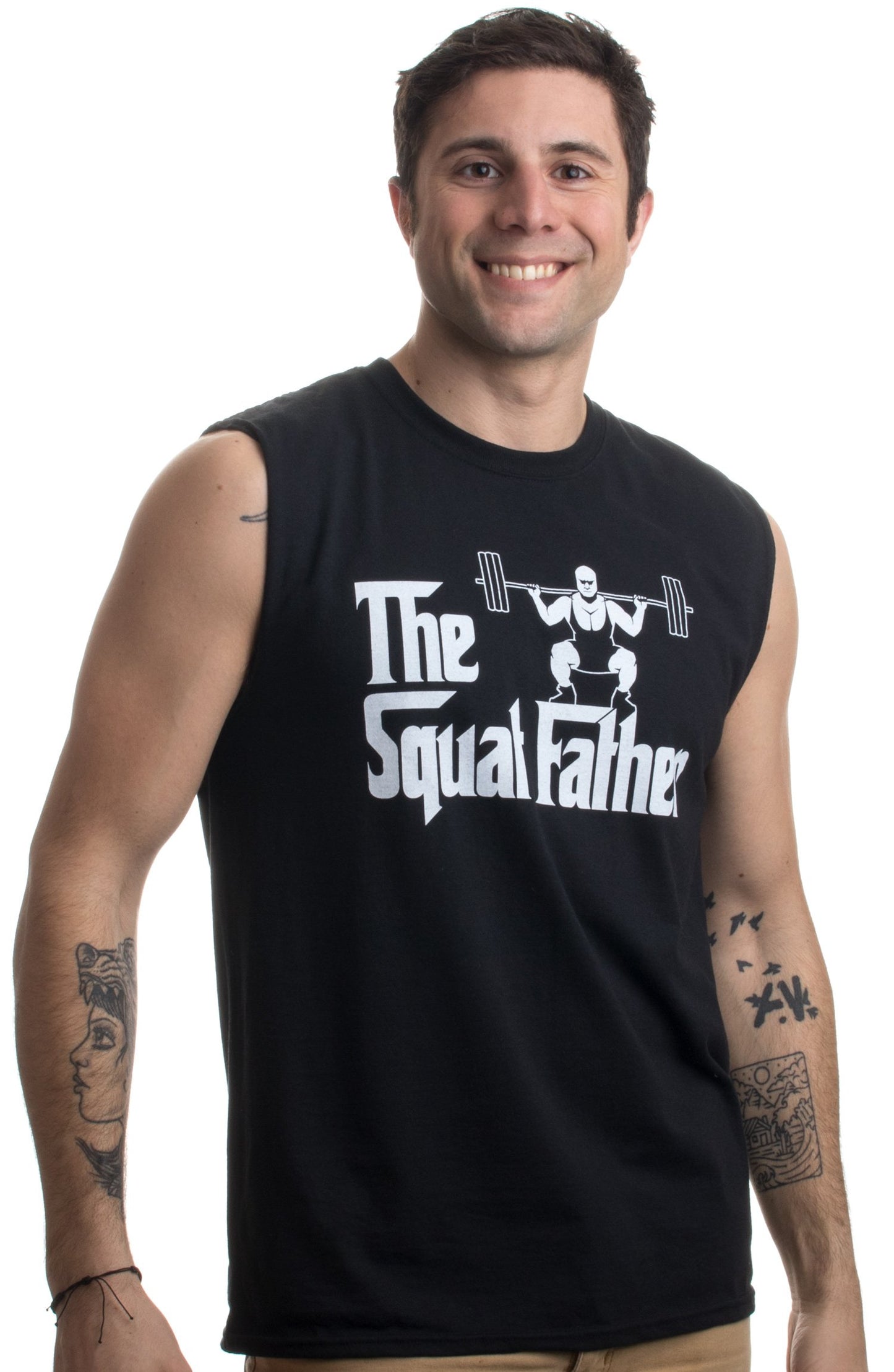 The Squat Father | Funny Workout Weight Lifting Sleeveless Muscle Shirt for Men-(Adult,L) Black