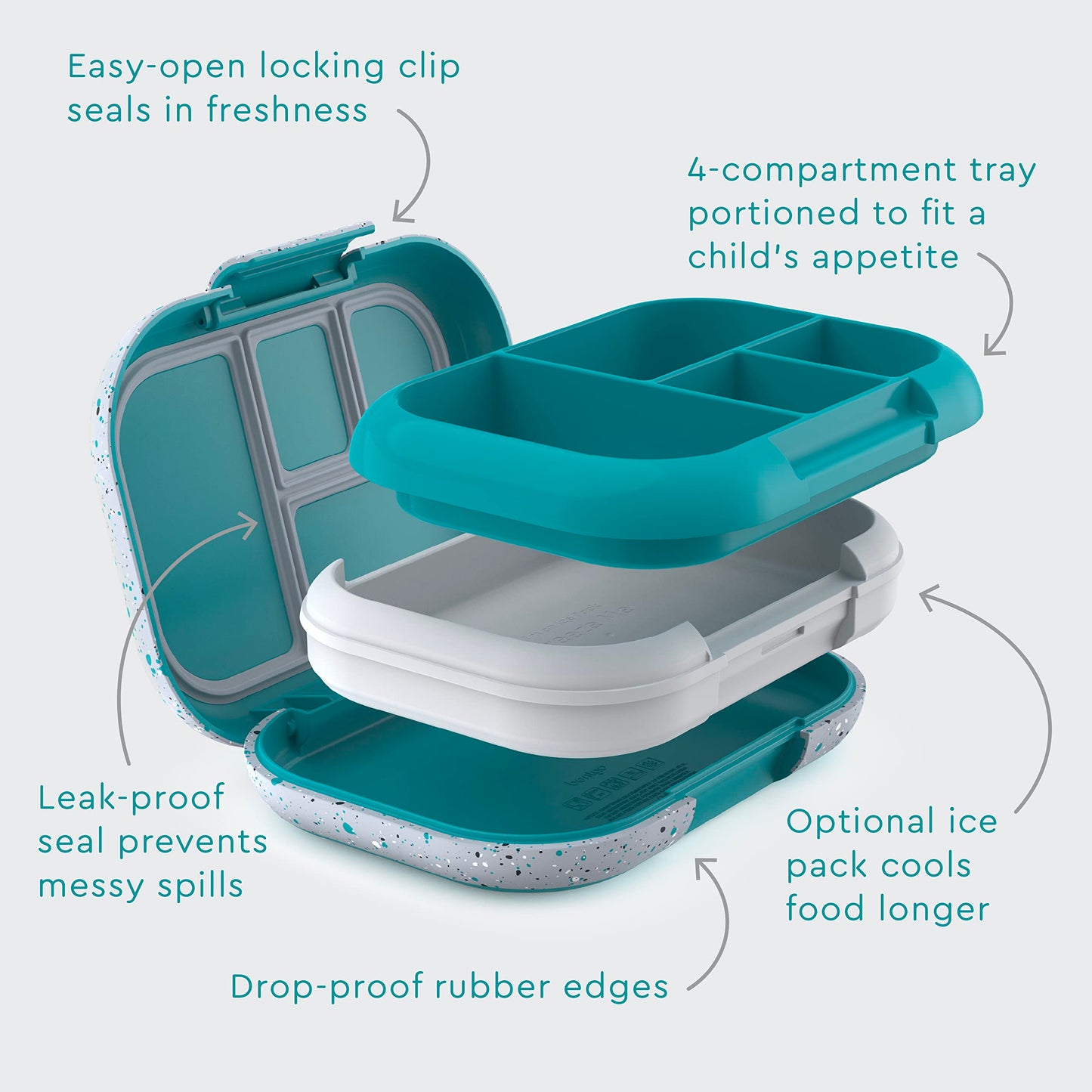 Bentgo® Kids Chill Lunch Box - Confetti Designed Leak-Proof Bento & Removable Ice Pack 4 Compartments, Microwave Dishwasher Safe, Patented, 2-Year Warranty (Confetti Edition Truly Teal)