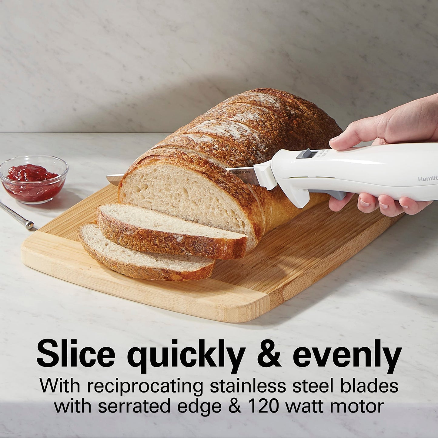 Hamilton Beach Electric Knife Set For Carving Meats, Poultry, Bread, Crafting Foam & More, Reciprocating Serrated Stainless Steel Blades, Ergonomic Design Storage Case + Fork Included, 5FT Cord, White