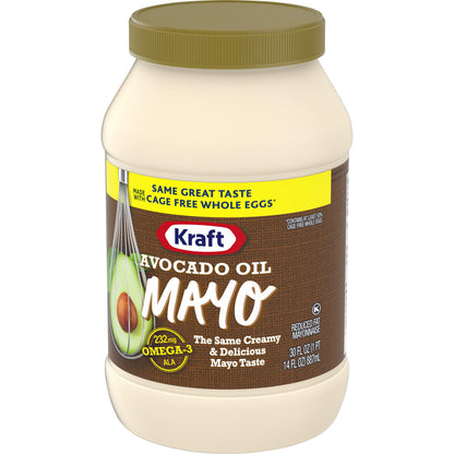 Kraft Mayo with Avocado Oil Reduced Fat Mayonnaise - Classic Creamy Condiment for Sandwiches and Salads, Made with Cage-Free Eggs, For a Keto and Low Carb Lifestyle, 30 fl oz Jar