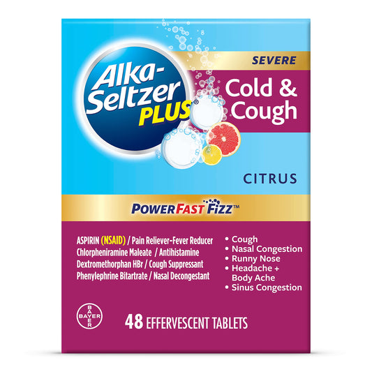 Alka-Seltzer Plus Severe,Cold & Cough Medicine For Adults,PowerFast Fizz Citrus Effervescent Tablets,Fast Relief of Headache,Sore Throat,Nasal & Sinus Congestion,Runny Nose,& Fever,48ct