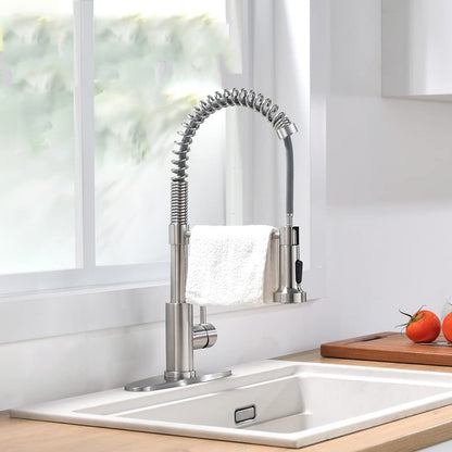 PHANCIR Kitchen Faucet with Pull down Sprayer, Brushed Nickel Commercial Spring Kitchen Sink Faucet Single Handle Pull Out Sink Faucets with Deck Plate Suit to 1 or 3 Holes