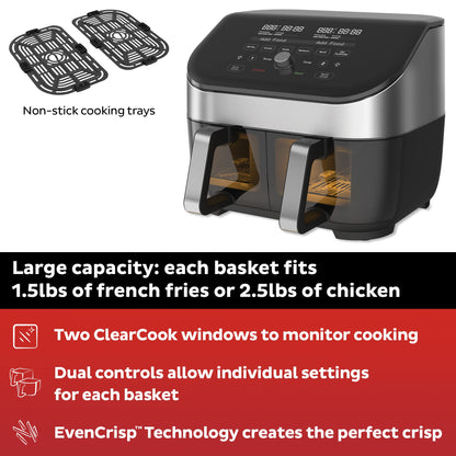 Instant Pot XL 8-QT Dual Basket Air Fryer Oven, From the Makers of Instant Pot,2 Independent Baskets,Clear Cooking Window,Dishwasher-Safe Basket, App with over 100 Recipes,Stainless Steel