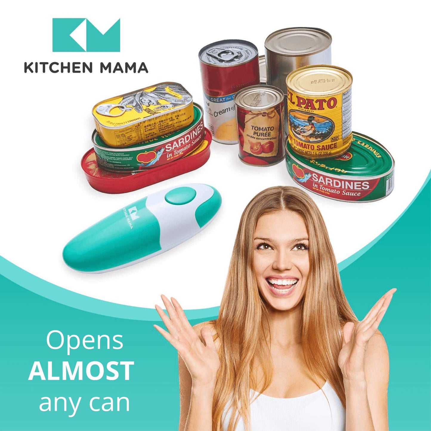 Kitchen Mama Auto Electric Can Opener Christmas Gift Ideas: Open Your Cans with A Simple Press of Button - Automatic, Hands Free, Smooth Edge, Food-Safe, Battery Operated, YES YOU CAN (Teal)