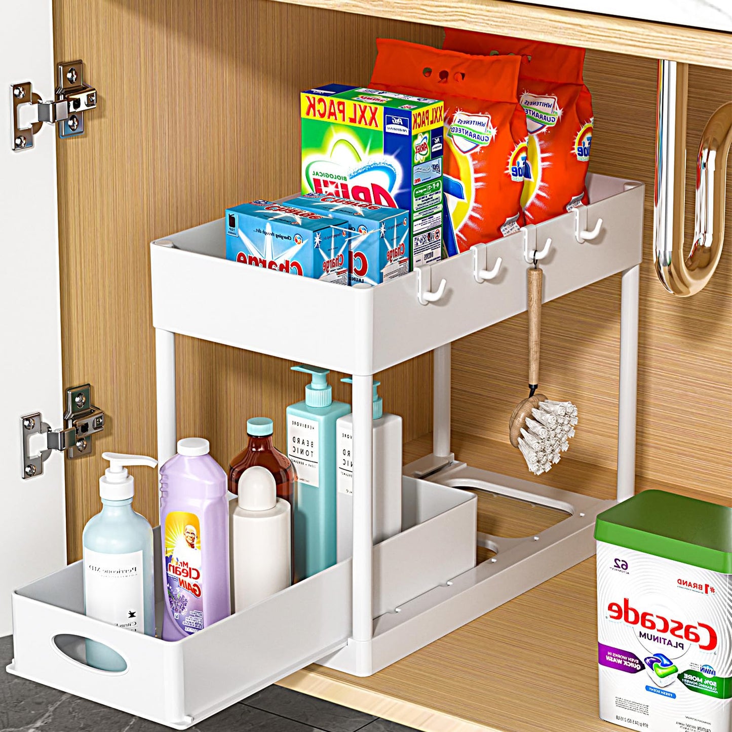 PUILUO Under Sliding Cabinet Basket Organizer, 2 Tier Under Sink Organizers White Under Sink Storage for Bathroom Kitchen