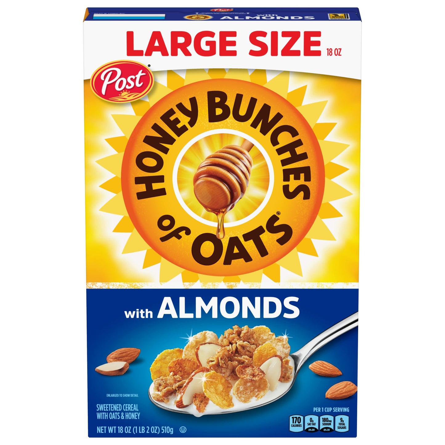 Honey Bunches of Oats with Almonds Breakfast Cereal, Honey Cereal with Granola Clusters and Sliced Almonds, Family Size Cereal, 18 OZ Box