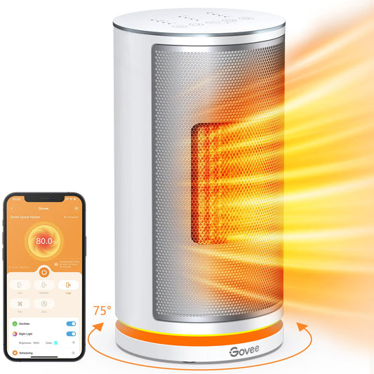 Govee Smart Space Heater for Indoor Use, 1500W Fast Ceramic Electric Heater with Thermostat, 75°Oscillating, App & Voice Remote, Overheating & Tip-Over Protection, 24H Timer Heater for Home Office