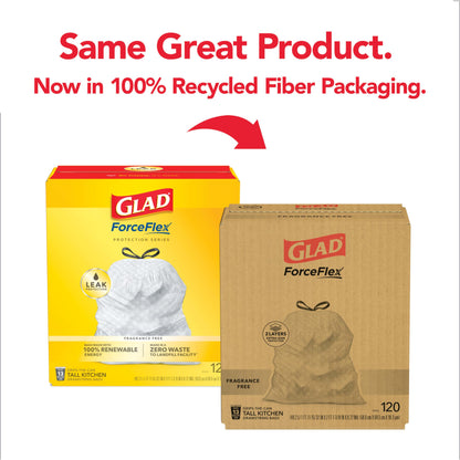 Glad ForceFlex Tall Kitchen Drawstring Trash Bags, 13 Gal, Unscented, 120 Ct, Pack May Vary