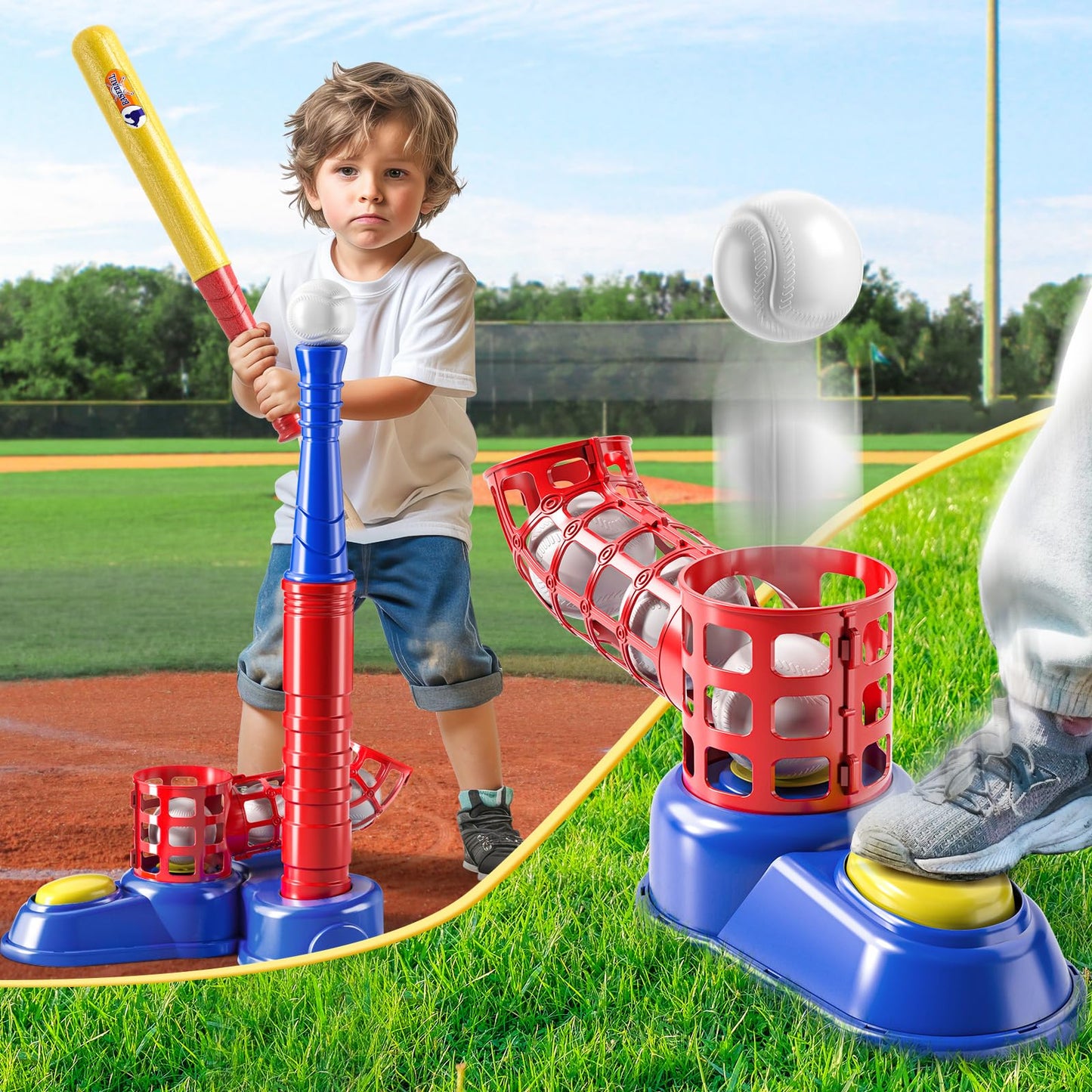 TEMI 2 in 1 Tee Ball Set for Kids 3-5|5-8, Kids Baseball Tee, T-Ball Set with 10 Balls, Step on Pitching Machine, Batting Tee, Outdoor Sport Toy Games for 3 4 5 6 7 8 Year Old Boys Kids Toddler