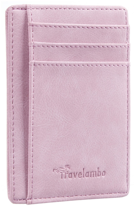 Travelambo Front Pocket Minimalist Leather Slim Wallet RFID Blocking Medium Size Card Holder Gifts for Men (Pink)