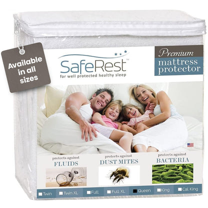 SafeRest 100% Waterproof Queen Size Mattress Protector - Fitted with Stretchable Pockets - Machine Washable Cotton Mattress Cover for Bed - Perfect Bedding Airbnb Essentials for Hosts