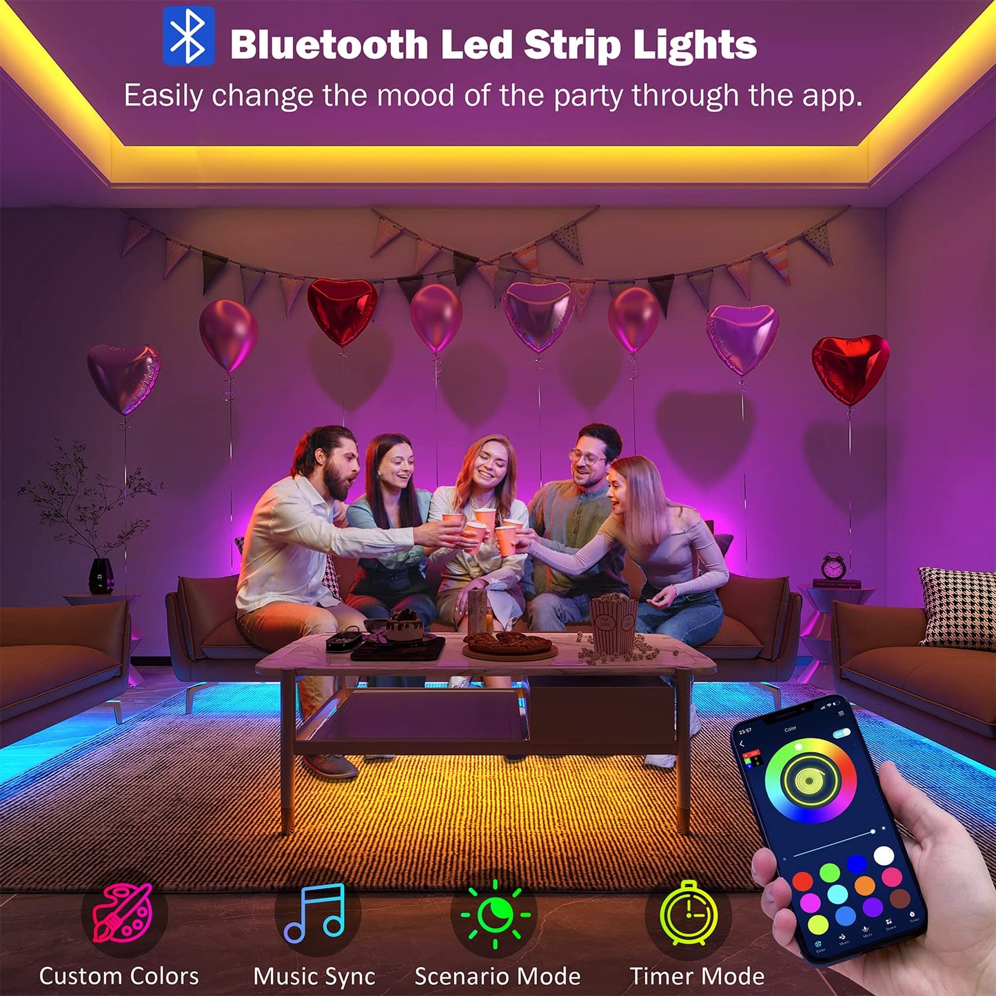 Leeleberd Led Lights for Bedroom 100 ft (2 Rolls of 50ft) Music Sync Color Changing RGB Led Strip Lights with Remote App Control Bluetooth Led Strip, Led Lights for Room Home Kitchen Decor Party