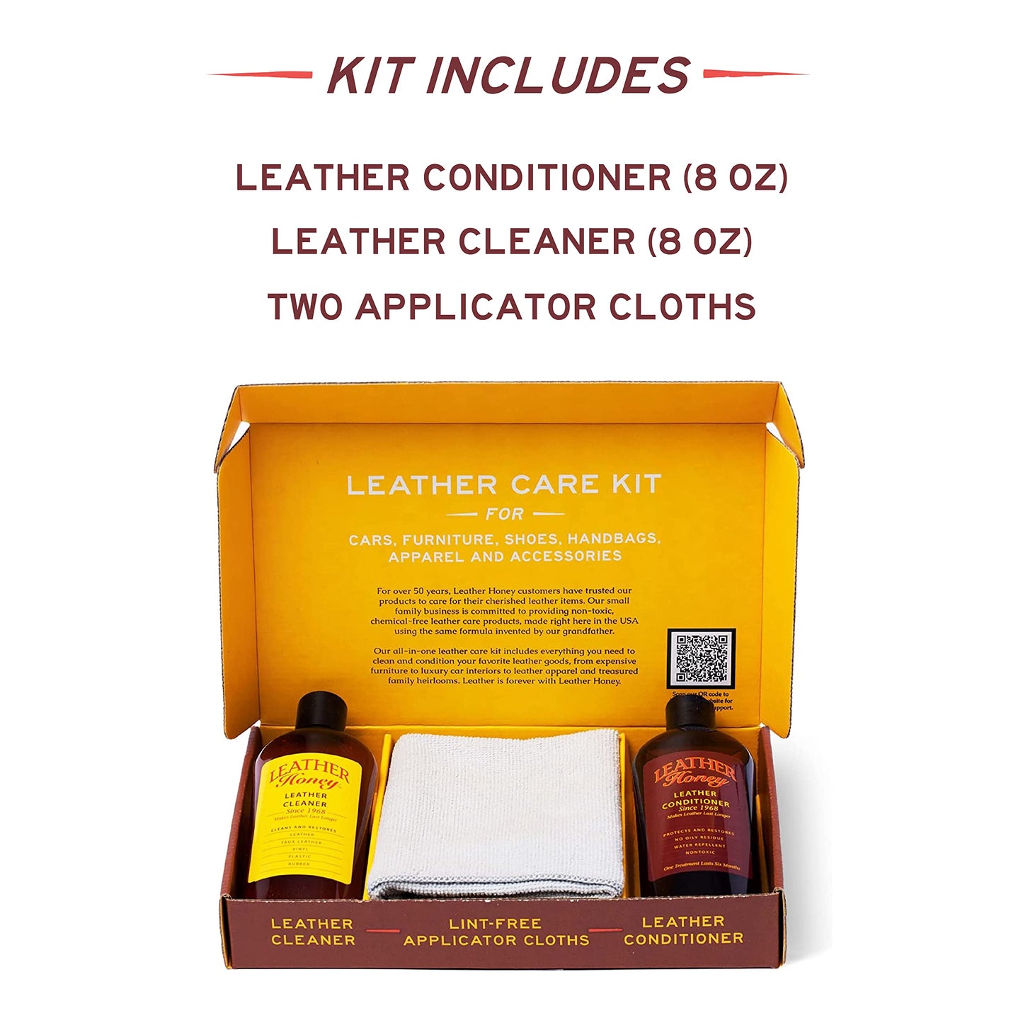 Leather Honey Complete Leather Care Kit Including Conditioner (8 oz), Cleaner (8 oz) and Two Applicator Cloths for use on Leather Apparel, Furniture, Auto Interiors, Shoes, Bags
