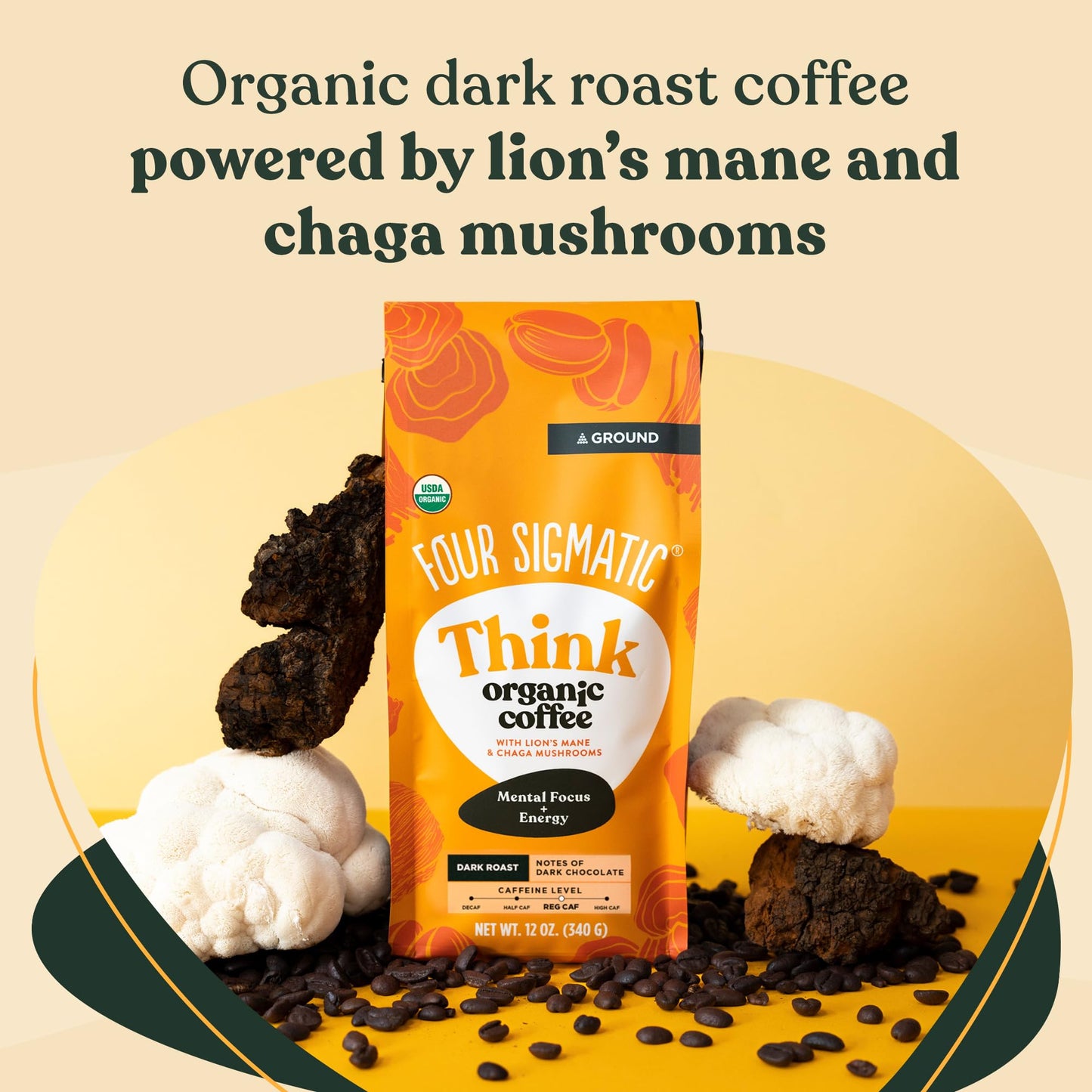 Four Sigmatic Organic Ground Mushroom Coffee | Dark Roast Gourmet Coffee with Lion's Mane & Chaga | 12oz