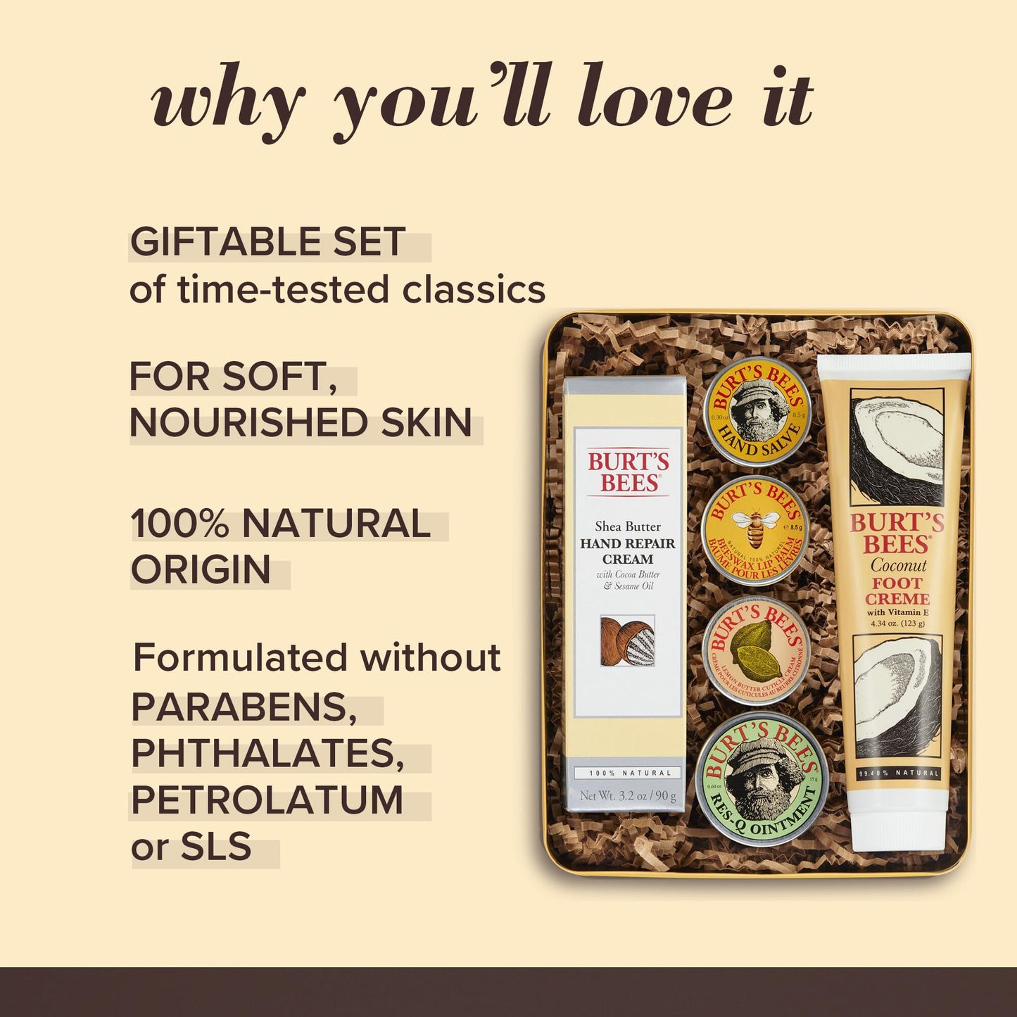 Burt's Bees Classics Valentines Day Gifts Set, 6 Products in Giftable Tin – Cuticle Cream, Hand Salve, Lip Balm, Res-Q Ointment, Hand Repair Cream and Foot Cream