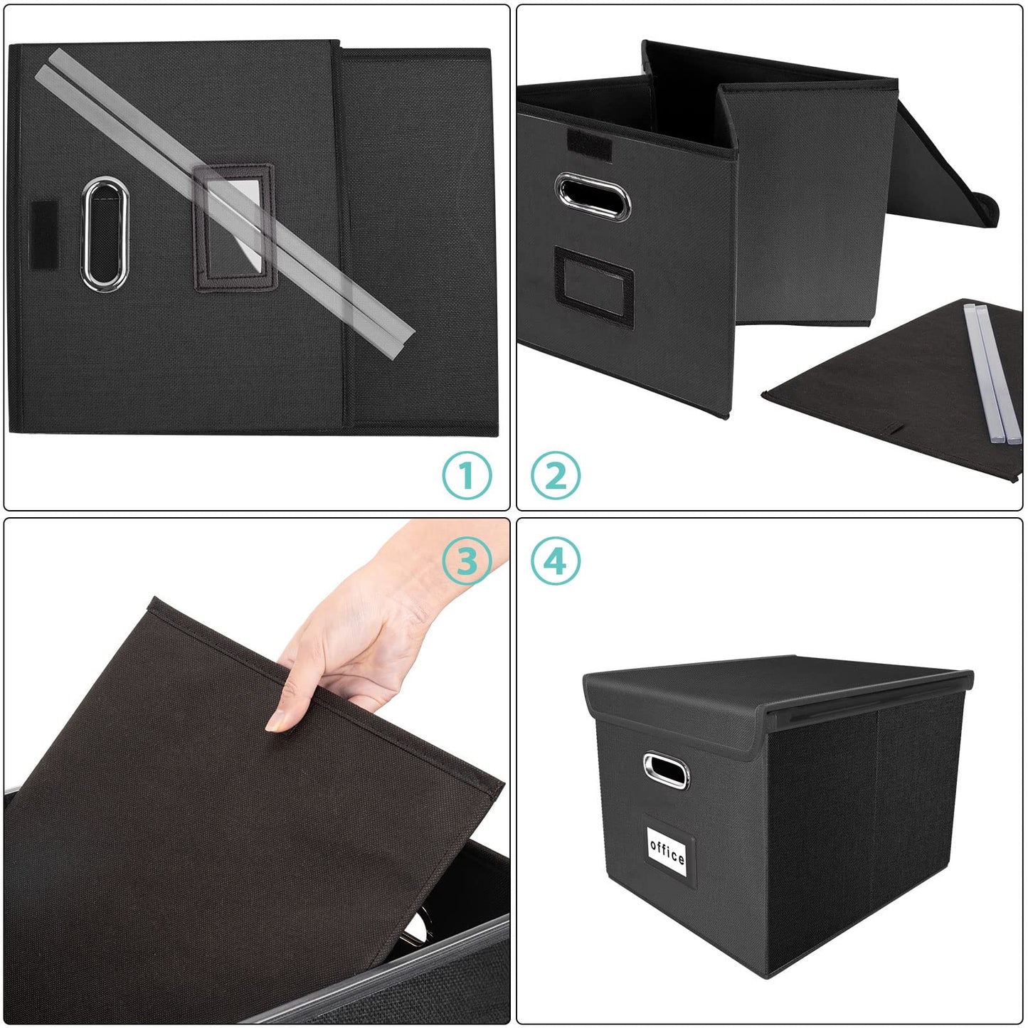 Upgraded Portable File Organizer Box, Huolewa Large Linen Hanging Office Document Storage Box with Lid - Black, Collapsible Filing & Storage Boxes for Office/Decor/Home - 14.9 x 12.7 x 10.8 inch