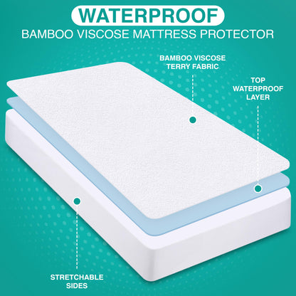 Utopia Bedding Waterproof Mattress Protector Twin Size, Viscose Made from Bamboo Mattress Cover, Breathable, Fitted Style with Stretchable Pockets (White)