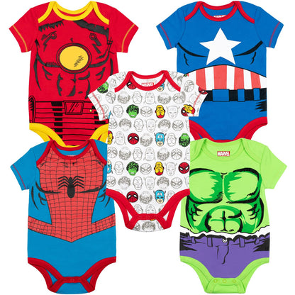 Marvel Baby Boys' 5 Pack Bodysuits - The Hulk, Spiderman, Iron Man and Captain America Multi 12 Months