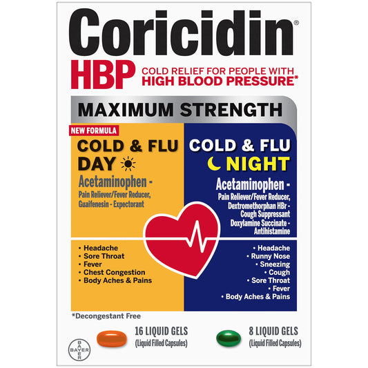 Coricidin HBP, Decongestant-Free Cold Symptom Relief for People with High Blood Pressure, Maximum Strength Cold & Flu Day + Night Liquid Gels, 24 Count
