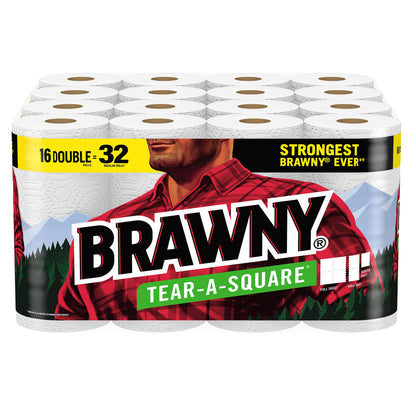 Brawny® Tear-A-Square® Paper Towels, 16 Double Rolls = 32 Regular Rolls