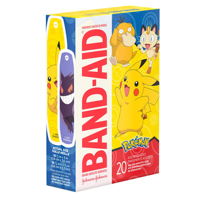 Band-Aid Brand Adhesive Bandages for Minor Cuts & Scrapes, Wound Care Featuring Pokémon Characters for Kids, Assorted Sizes 20 ct