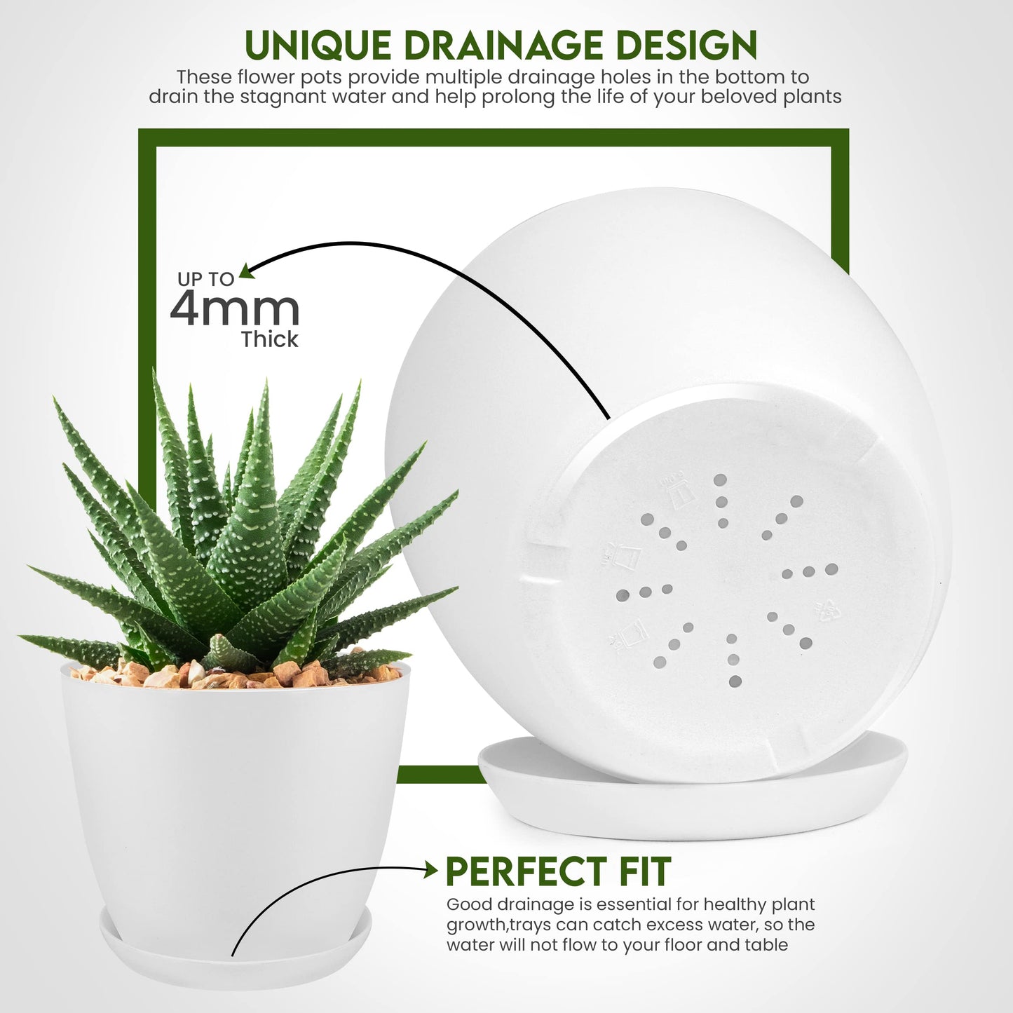 Utopia Home - Plant Pots with Drainage - 7/6.6/6/5.3/4.8 Inches Home Decor Flower Pots for Indoor Planter - Pack of 5 Plastic Planters, Cactus, Succulents Pot - White