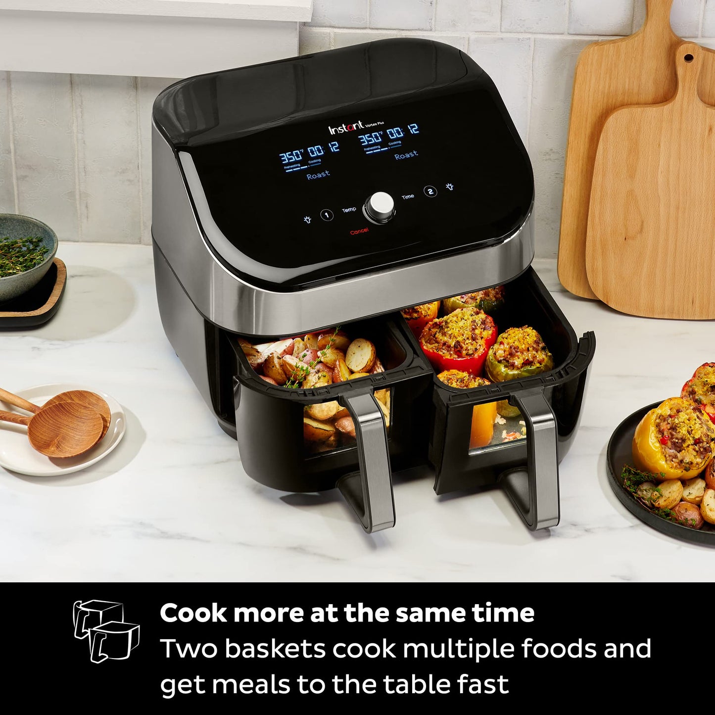 Instant Pot XL 8-QT Dual Basket Air Fryer Oven, From the Makers of Instant Pot,2 Independent Baskets,Clear Cooking Window,Dishwasher-Safe Basket, App with over 100 Recipes,Stainless Steel