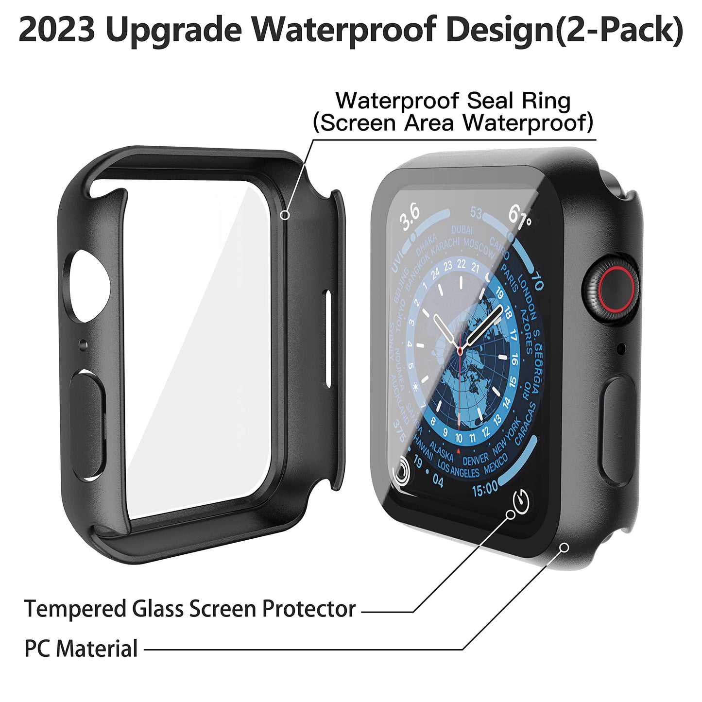 Misxi [2 Pack] Waterproof Black Hard Case with Tempered Glass Compatible with Apple Watch Series 9 (2023) Series 8 Series 7 41mm, Ultra-Thin Durable Protective Cover for iWatch Screen Protector