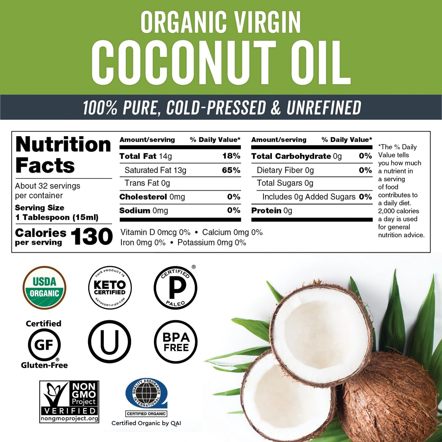 Virgin Coconut Oil, 16 fl oz - Non-GMO, Cold-Pressed and Unrefined Coconut Oil Organic Certified - Natural Flavour Coconut Oil for Cooking and Baking