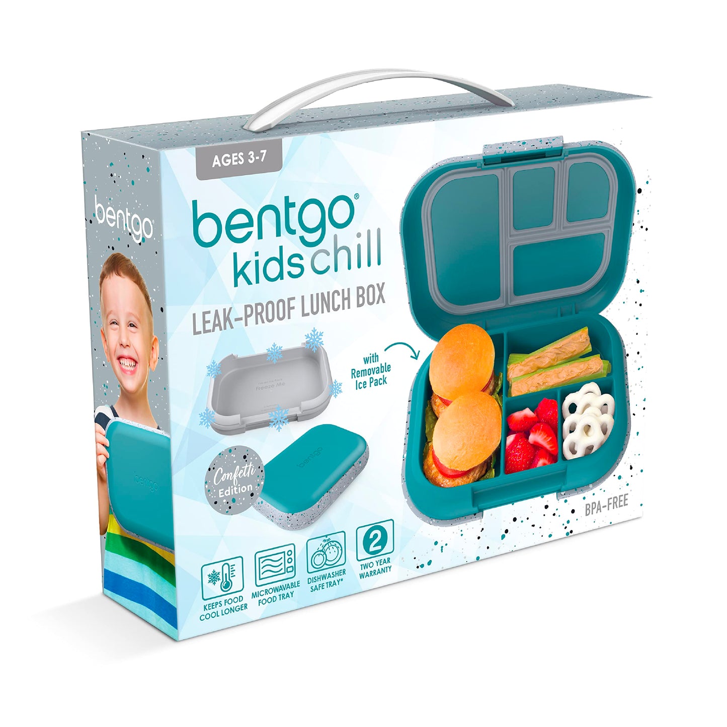 Bentgo® Kids Chill Lunch Box - Confetti Designed Leak-Proof Bento & Removable Ice Pack 4 Compartments, Microwave Dishwasher Safe, Patented, 2-Year Warranty (Confetti Edition Truly Teal)