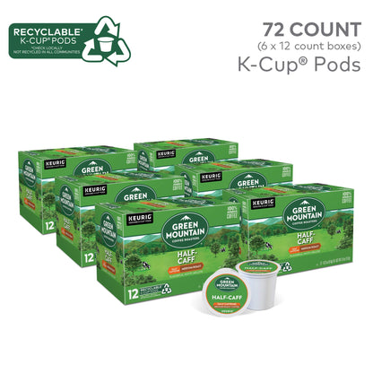 Green Mountain Coffee Roasters Half Caff Keurig Single-Serve K-Cup pods, Medium Roast Coffee, 72 Count (6 Packs of 12)