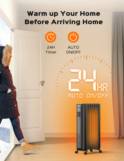 Dreo Radiator Heater, Upgrade 1500W Electric Portable Space Oil Filled Heater with Remote Control, 4 Modes, Overheat & Tip-Over Protection, 24h Timer, Digital Thermostat, Quiet, Indoor