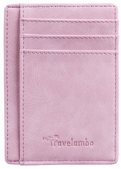 Travelambo Front Pocket Minimalist Leather Slim Wallet RFID Blocking Medium Size Card Holder Gifts for Men (Pink)