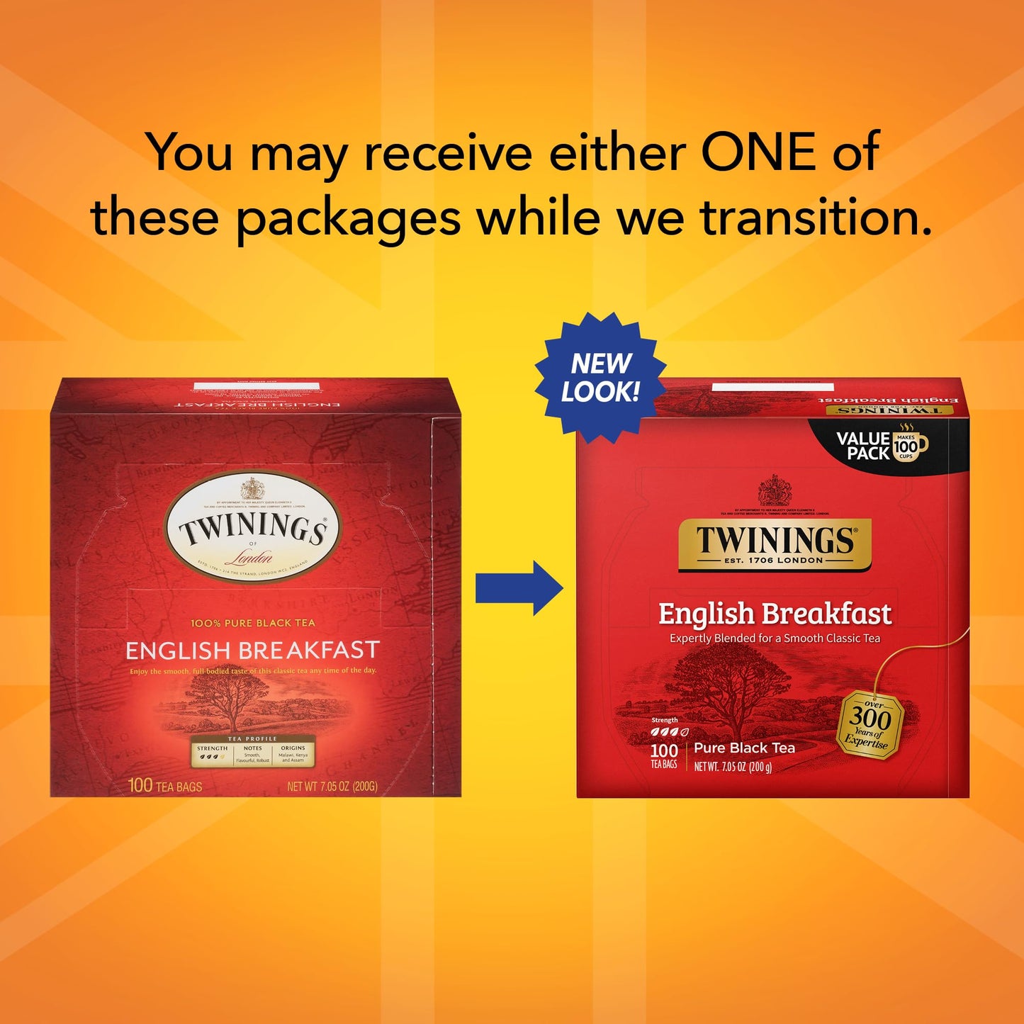 Twinings English Breakfast Black Tea, 100 Individually Wrapped Tea Bags, Smooth, Flavourful, Robust, Caffeinated