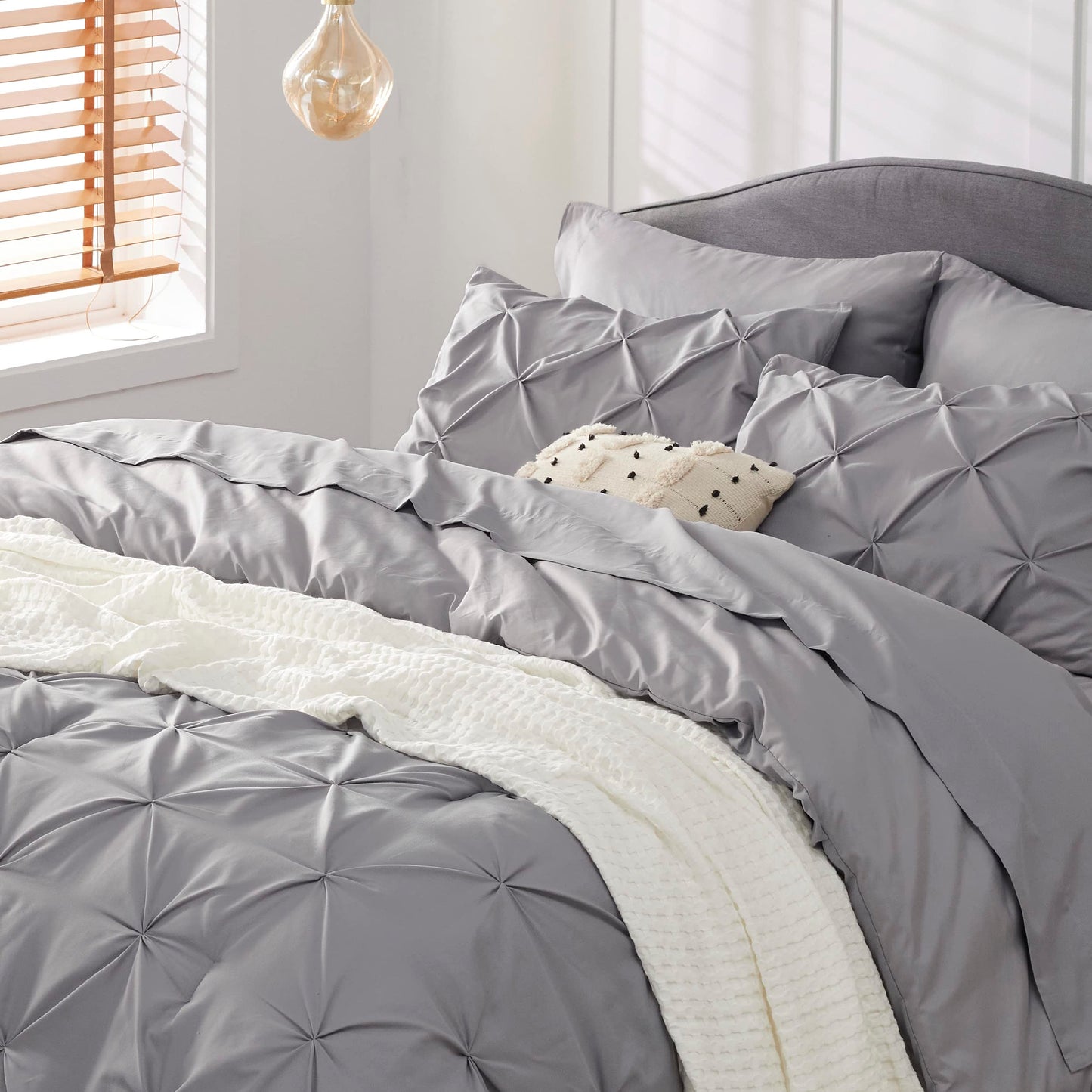Bedsure Queen Comforter Set - 7 Pieces Comforters Queen Size Grey, Pintuck Bedding Sets Queen for All Season, Bed in a Bag with Flat Sheet and Fitted Sheet, Pillowcases & Shams