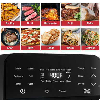 Nuwave Brio 15.5Qt Air Fryer Rotisserie Oven, X-Large Family Size, Powerful 1800W, 4 Rack Positions, 50°-425°F Temp Controls, 100 Presets & 50 Memory, Integrated Smart Thermometer, Linear T Technology