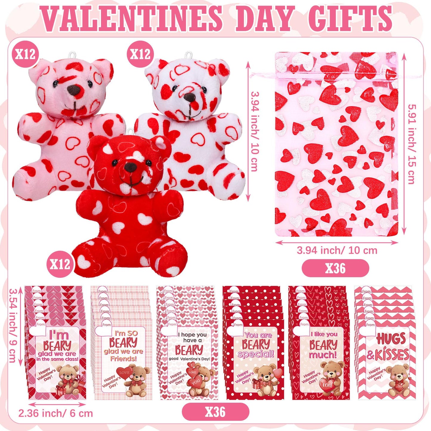 Halloscume 108 Pcs Valentines Day Mini Plush Bear with Greeting Cards and Organza Bags Heart Pattern Love Bears for Valentines Day Gifts Exchange Cards Stuffed School Classroom Prize Party Favors