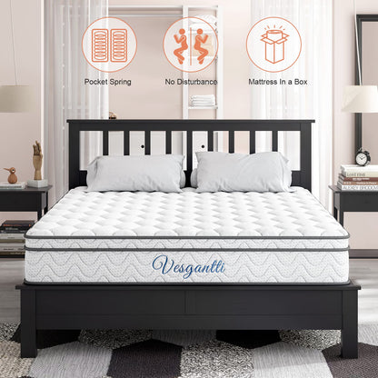 Vesgantti Full Size Mattress, 10 Inch Hybrid Full Mattress in a Box, Double Mattress with Memory Foam and Pocket Spring, Ergonomic Design & Pressure Relief, Medium Firm Feel, 54"*75"*10"