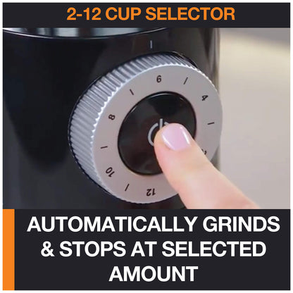 Krups Precise Stainless Steel Flat Burr Grinder 8oz, 32cups bean hopper 12 Grind from Fine to Coarse 110 Watts Removable Container, Drip, Press, Espresso, Cold Brew, 2,12 cups ground coffee Black