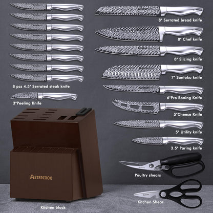 Astercook Knife Set, 20 Pieces Kitchen Knife Set with Block, Built-in Knife Sharpener, German Stainless Steel Knife Block Set, Dishwasher Safe