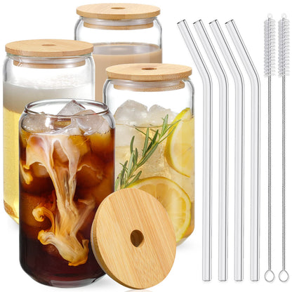 Drinking Glasses with Bamboo Lids and Glass Straw 4pcs Set - 16oz Can Shaped Cups, Beer Glasses, Iced Coffee Cute Tumbler Cup, Ideal for Cocktail, Whiskey, Gift 2 Cleaning Brushes