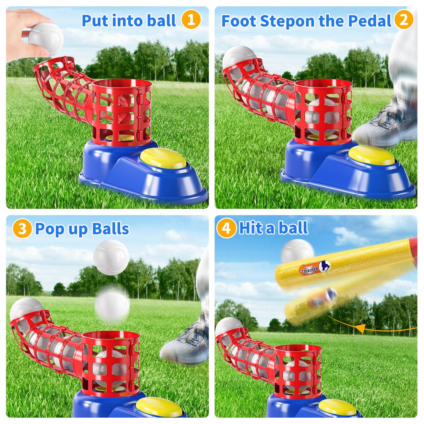 TEMI 2 in 1 Tee Ball Set for Kids 3-5|5-8, Kids Baseball Tee, T-Ball Set with 10 Balls, Step on Pitching Machine, Batting Tee, Outdoor Sport Toy Games for 3 4 5 6 7 8 Year Old Boys Kids Toddler