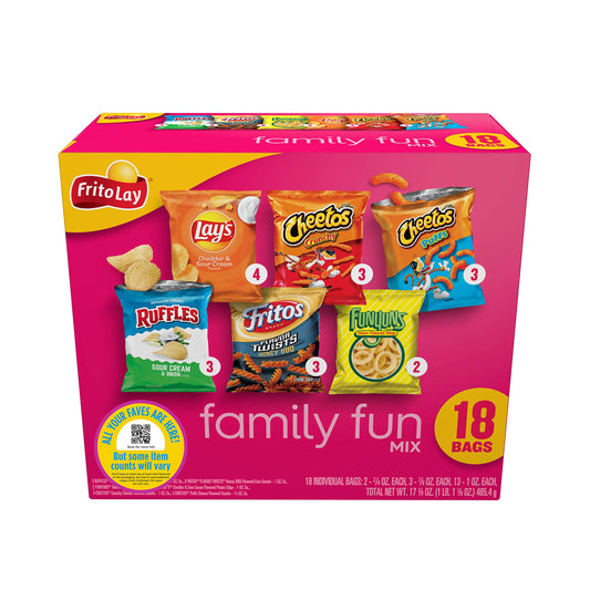 Frito-Lay Snacks Family Fun Mix Chips Variety Pack, Ruffles, Fritos, Cheetos, Lay's, Funyuns,18 Count(Pack of 1)(Assortment May Vary)