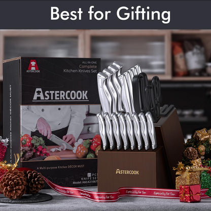 Astercook Knife Set, 20 Pieces Kitchen Knife Set with Block, Built-in Knife Sharpener, German Stainless Steel Knife Block Set, Dishwasher Safe