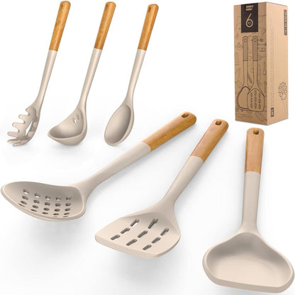 Large Silicone Cooking Utensils - Heat Resistant Kitchen Utensil Set with Wooden Handles, Spatula,Turner, Slotted Spoon, Pasta server, Kitchen Gadgets Tools Sets for Non-Stick Cookware (Khaki)